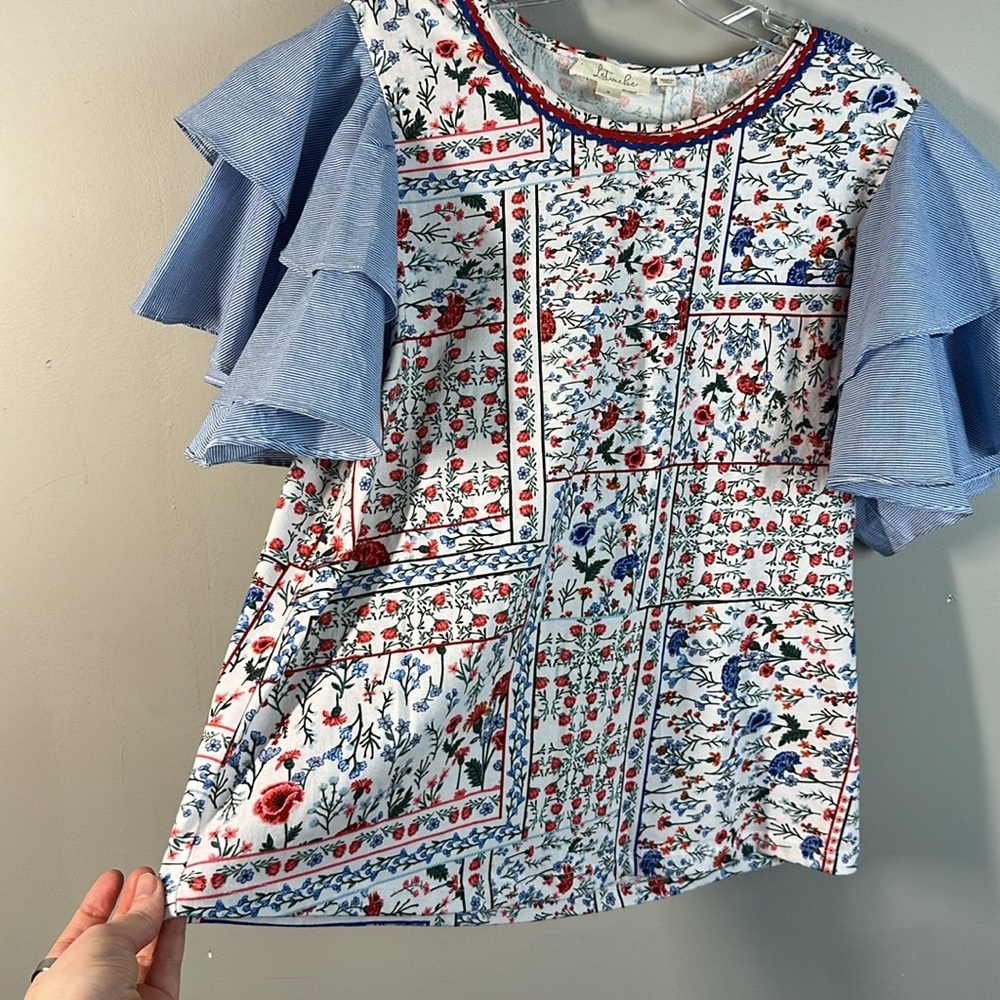 Anthropologie Let Me Be Floral Chambray Ruffle Flutter Sleeve Tee Blouse‎ Size S - Picture 8 of 14